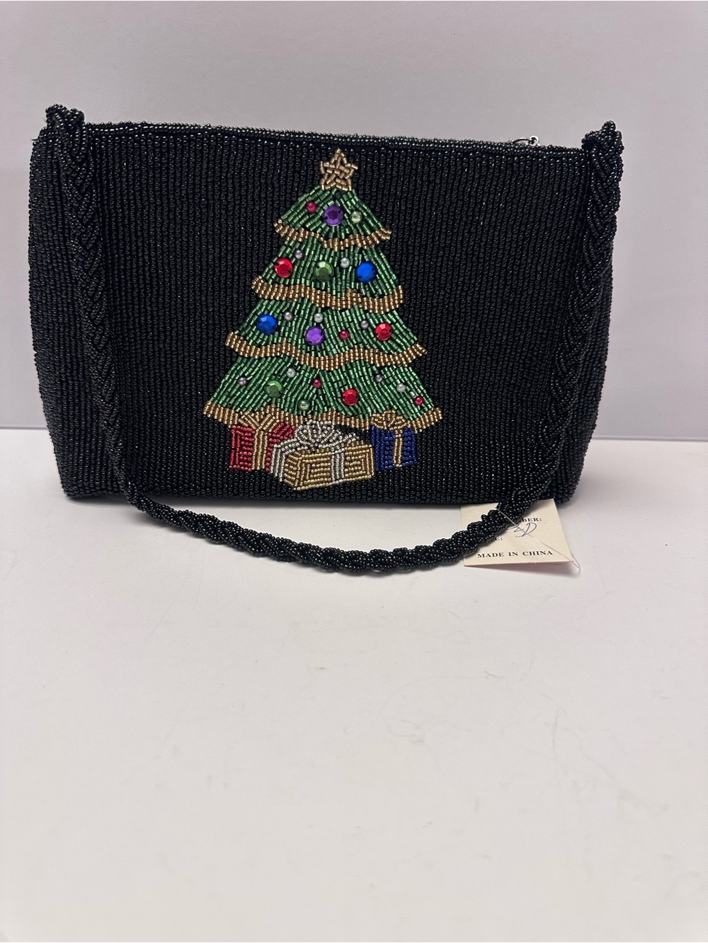 NWT Beaded Christmas Tree Evening Bag • Braided Bead Strap